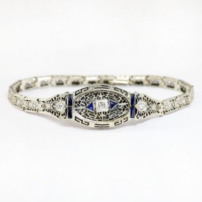 Picture of Vintage Style 14k White Gold Filigree, Diamond, Synthetic Sapphire & Enamel Bracelet
