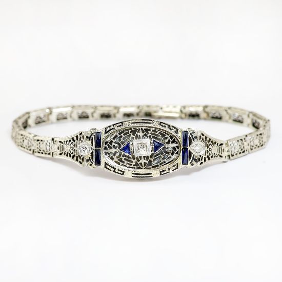 Picture of Vintage Style 14k White Gold Filigree, Diamond, Synthetic Sapphire & Enamel Bracelet