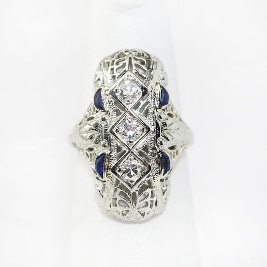 Picture of Antique Early Art Deco 14k White Gold Filigree, Diamond & Synthetic Sapphire Ring