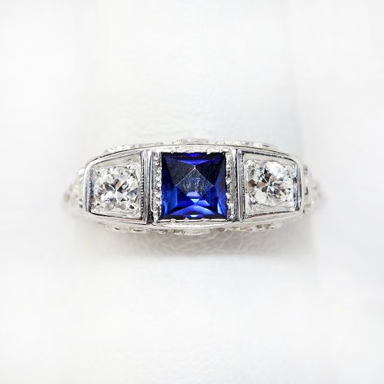 Picture of Antique 18k White Gold Filigree, Diamond & Synthetic Sapphire Ring