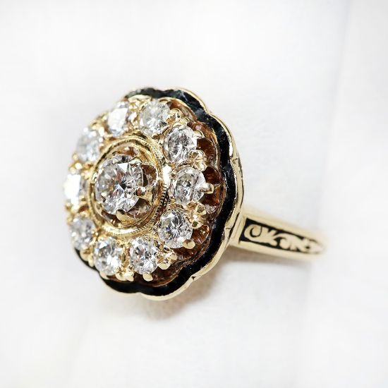 Picture of Victorian Revival 14k Yellow Gold, Black Enamel & Diamond Statement Ring 