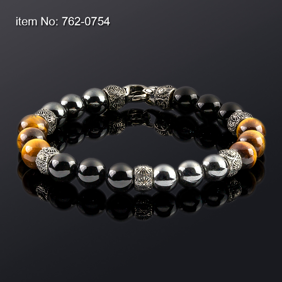 Picture of AXION Sterling Silver Black Onyx, Hematite & Tiger Eye Beaded Bracelet with Vergina Sun Motifs