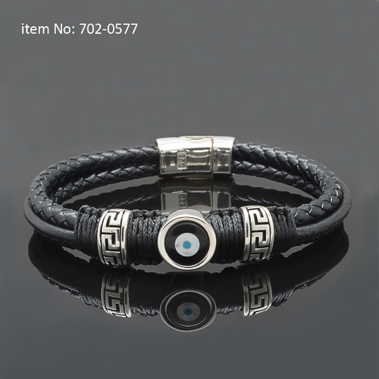 Picture of AXION Sterling Silver Bracelet Black Braided Leather Bracelet with Lucky Eye Motif and Meanders