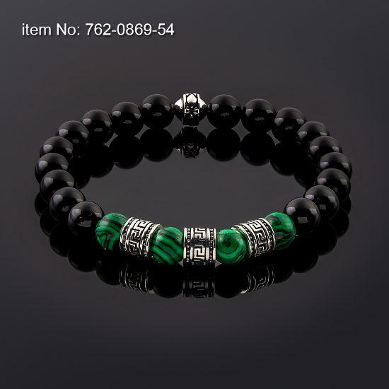 Picture of AXION Sterling Silver Greek Key Black Onyx & Malachite Beaded Elastic Cord Bracelet
