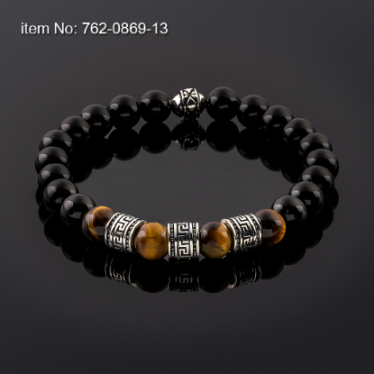 Picture of AXION Sterling Silver Greek Key Black Onyx & Tiger Eye Beaded Elastic Cord Bracelet 