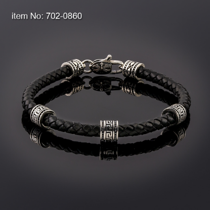 Picture of AXION Sterling Silver Greek Motifs Black Braided Leather Bracelet