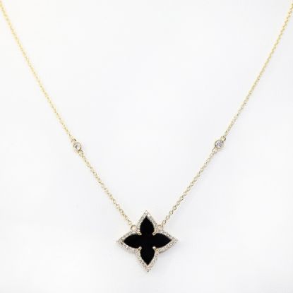 Picture of 14k Yellow Gold Black Onyx & Diamond Clover Motif Necklace