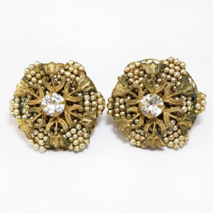 Picture of Vintage Miriam Haskell Faux Pearl & Rhinestone Clip-On Earrings