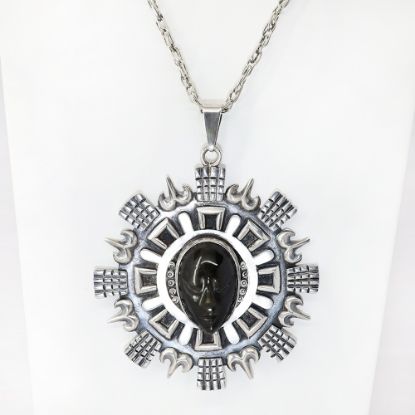 Picture of Vintage Los Ballesteros Sterling Silver & Chatoyant Obsidian Aztec Warrior Necklace