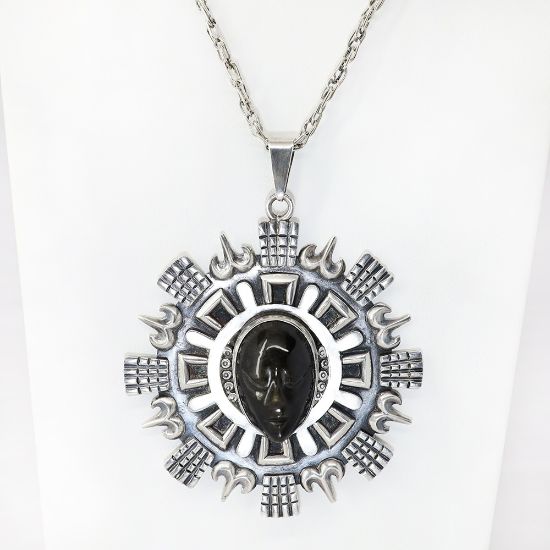 Picture of Vintage Los Ballesteros Sterling Silver & Chatoyant Obsidian Aztec Warrior Necklace