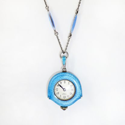 Picture of Antique Swiss Sterling Silver, Marcasite & Guilloche Enamel Watch Necklace