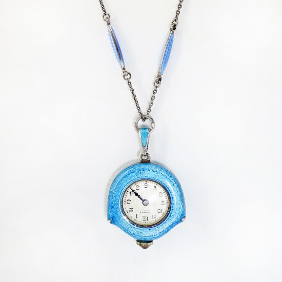 Picture of Antique Swiss Sterling Silver, Marcasite & Guilloche Enamel Watch Necklace