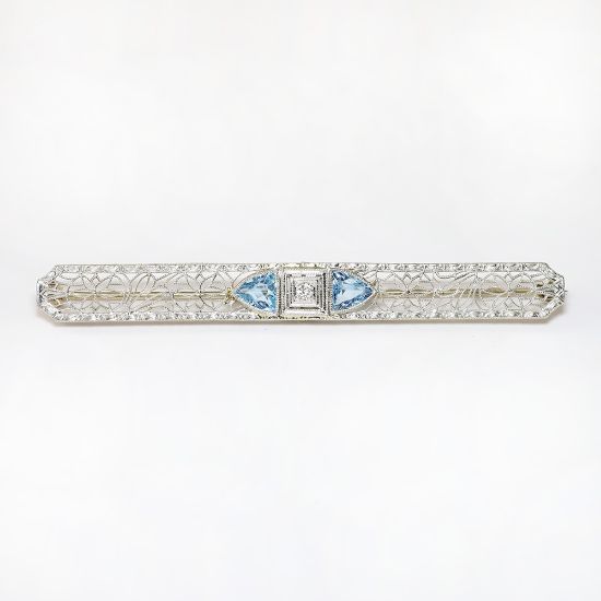 Picture of Antique 14k White Gold Filigree, Aquamarine & Diamond Bar Brooch