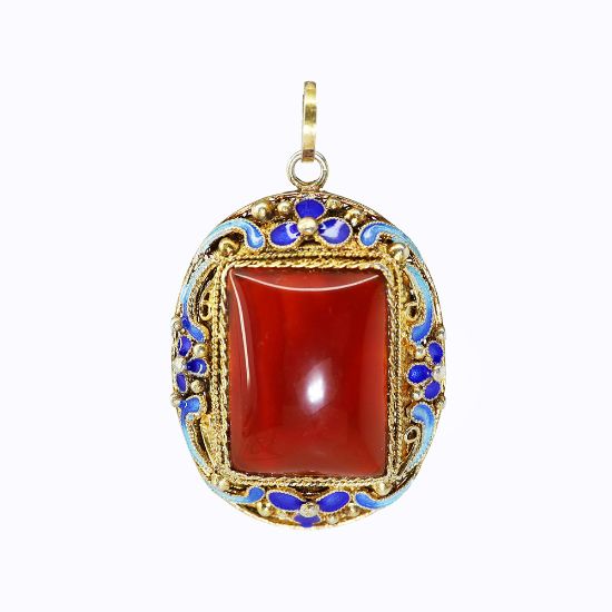 Picture of Vintage Gilt Chinese Export Silver, Enamel & Carnelian Pendant