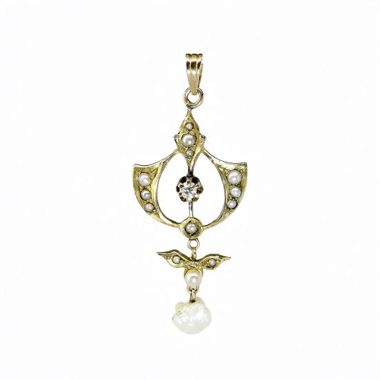 Picture of Antique 14k Gold, Pearl & Diamond Lavalier Pendant