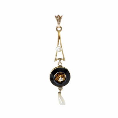 Picture of Antique 10k Gold, Onyx, Pearl & Diamond Lavalier Pendant
