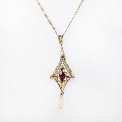 Picture of Antique Edwardian Era 10k Gold Amethyst, Pearl & Mother of Pearl Lavalier Pendant Necklace