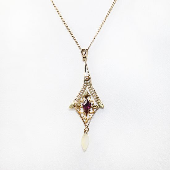 Picture of Antique Edwardian Era 10k Gold Amethyst, Pearl & Mother of Pearl Lavalier Pendant Necklace