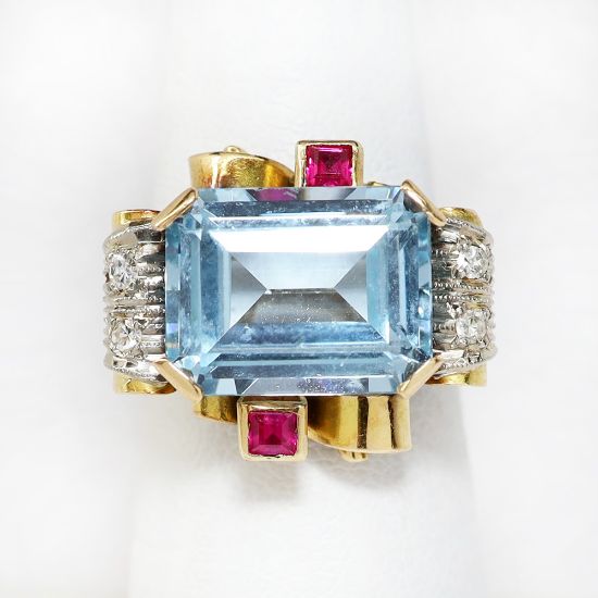 Picture of Vintage 1940s 14k Gold, Synthetic Spinel, Synthetic Ruby & Diamond Cocktail Ring