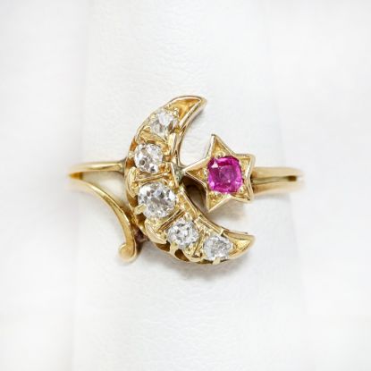 Picture of Antique Victorian 14k Gold, Diamond & Ruby Crescent Moon & Star Ring