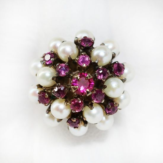 Picture of Vintage 8k Gold, Cultured Pearl & Pink Sapphire Thai Princess/Harem Ring