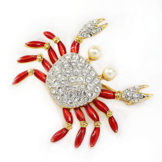 Picture of Pavé Crystal & Enamel Crab Brooch with Faux Pearl Eyes