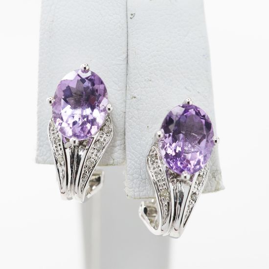 Picture of 14k White Gold Oval Amethyst & Diamond Earrings