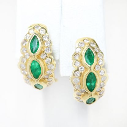 Picture of 14k Yellow Gold Burnish Set Emerald & Diamond Hoop Earrings