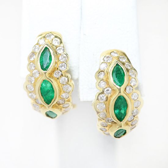 Picture of 14k Yellow Gold Burnish Set Emerald & Diamond Hoop Earrings
