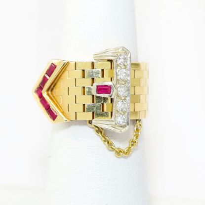 Picture of 14k Yellow Gold Adjustable Diamond & Ruby Belt Buckle Ring
