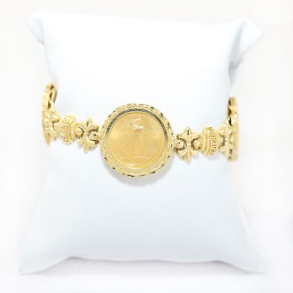 Picture of 14k Yellow Gold Lady Liberty Coin Fleur de Lis Bracelet