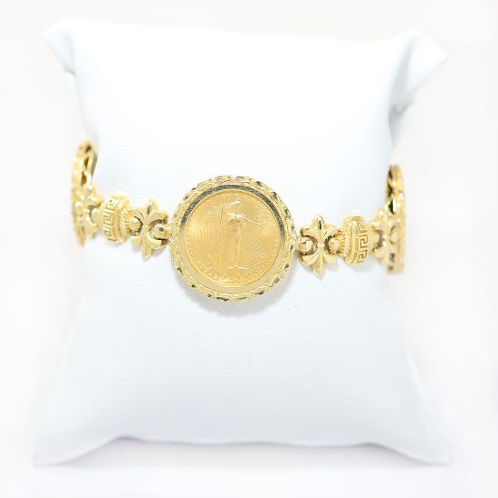 Picture of 14k Yellow Gold Lady Liberty Coin Fleur de Lis Bracelet