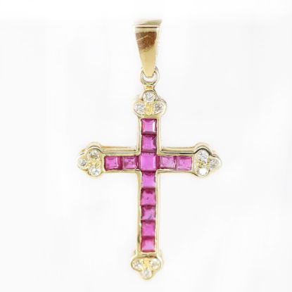 Picture of 14k Yellow Gold Ruby & Diamond Cross Pendant