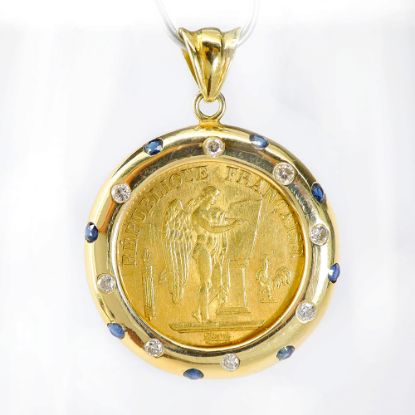 Picture of 14k Yellow Gold 20 Francs Coin Pendant with Sapphire & Diamond Encrusted Bezel