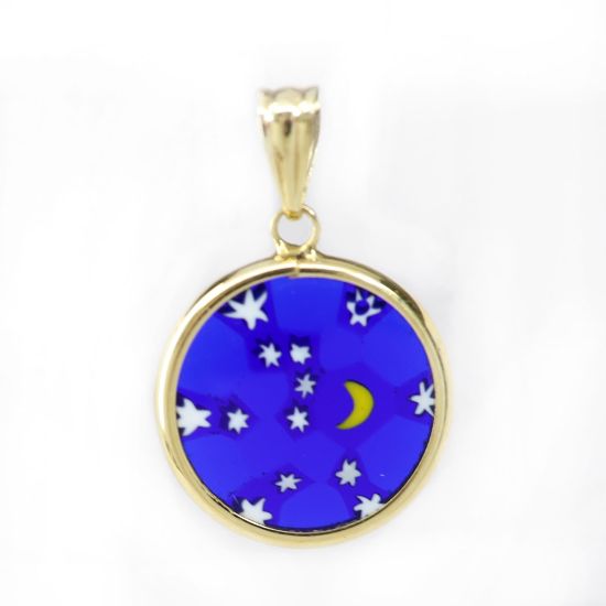 Picture of 14k Yellow Gold Round Blue Glass Stars & Moon Pendant