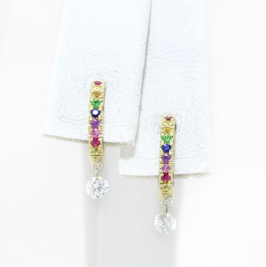 Picture of 14k Yellow Gold Rainbow Sapphire & Dangling Diamond Charm Huggies Earrings