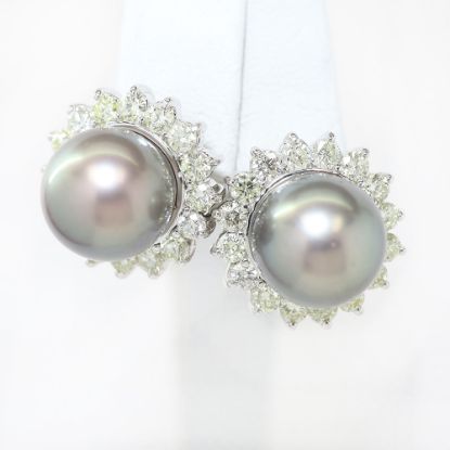 Picture of 14k White Gold Tahitian Black Cultured Pearl & Diamond Halo Earrings