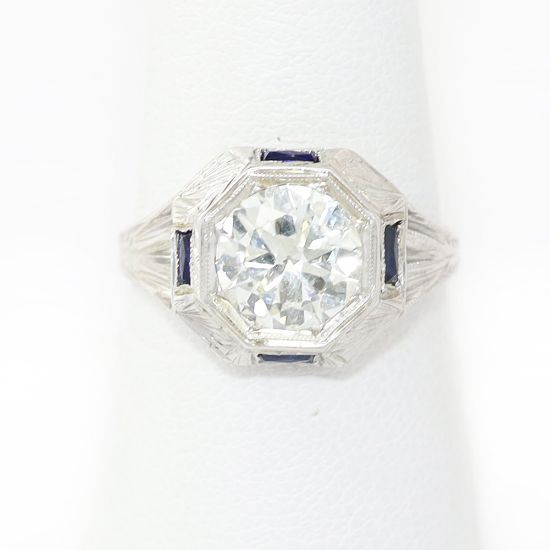 Picture of Vintage 18k White Gold Old European Diamond & Synthetic Sapphire Ring