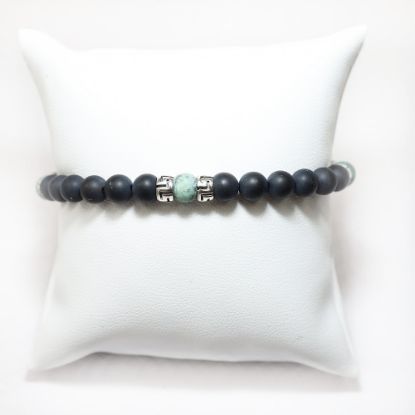 Picture of AXION Sterling Silver Greek Key Onyx & African Turquoise Beaded Elastic Cord Bracelet