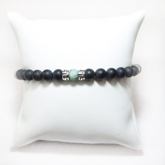 Picture of AXION Sterling Silver Greek Key Onyx & African Turquoise Beaded Elastic Cord Bracelet