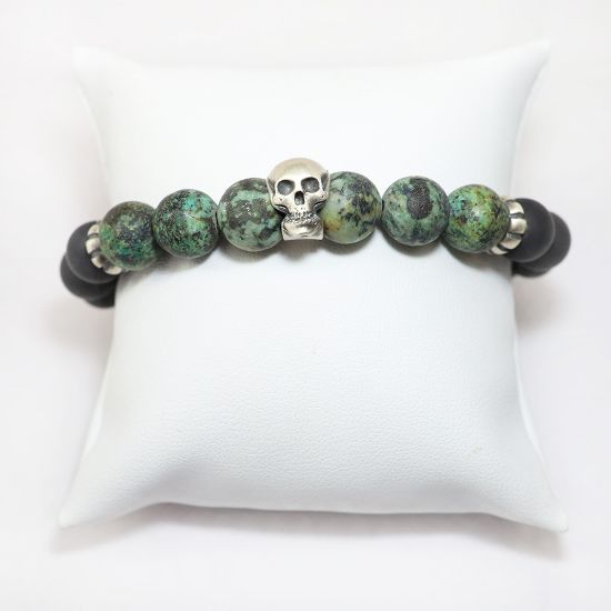 Picture of AXION Sterling Silver Skull Motif Bracelet with Black Onyx & African Turquoise Beads