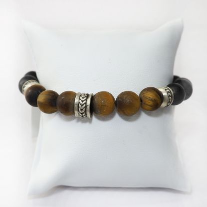 Picture of AXION Sterling Silver Black Onyx & Tiger Eye Beaded Bracelet with Meanders Motif