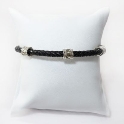 Picture of AXION Sterling Silver Black Braided Leather Bracelet with Greek Key Motifs