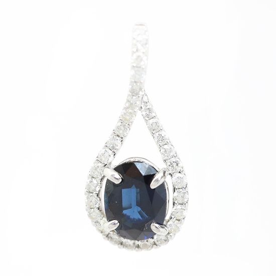 Picture of 14k White Gold Oval Sapphire & Diamond Halo Teardrop Pendant