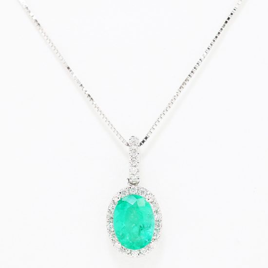 Picture of 14k White Gold Oval Emerald & Diamond Halo Pendant