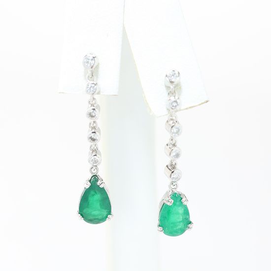 Picture of 14k White Gold Dangling Emerald & Diamond Earrings