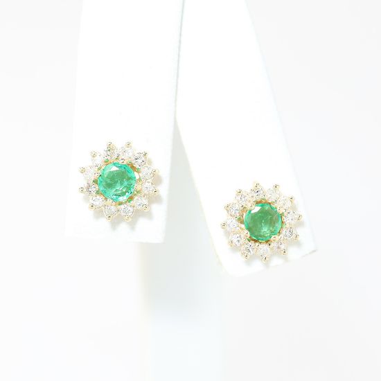 Picture of 14k Yellow Gold Round Emerald & Diamond Halo Stud Earrings