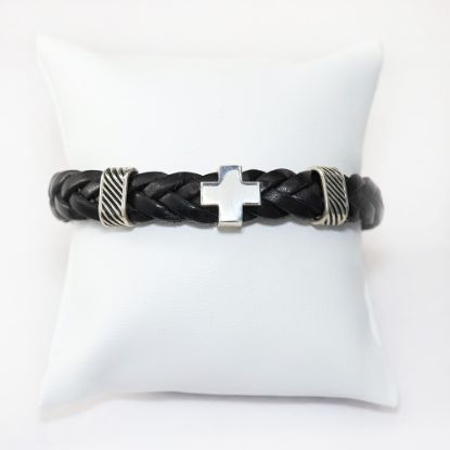 Picture of AXION Sterling Silver Black Braided Leather Bracelet with Cross Motif