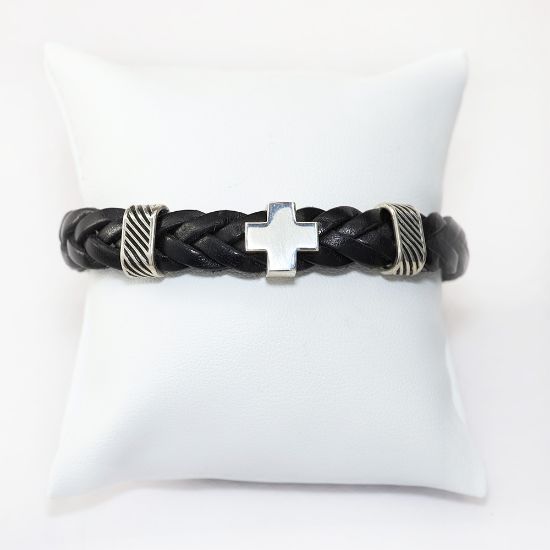 Picture of AXION Sterling Silver Black Braided Leather Bracelet with Cross Motif