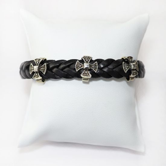 Picture of AXION Sterling Silver Black Braided Leather Bracelet with Crosses Motif
